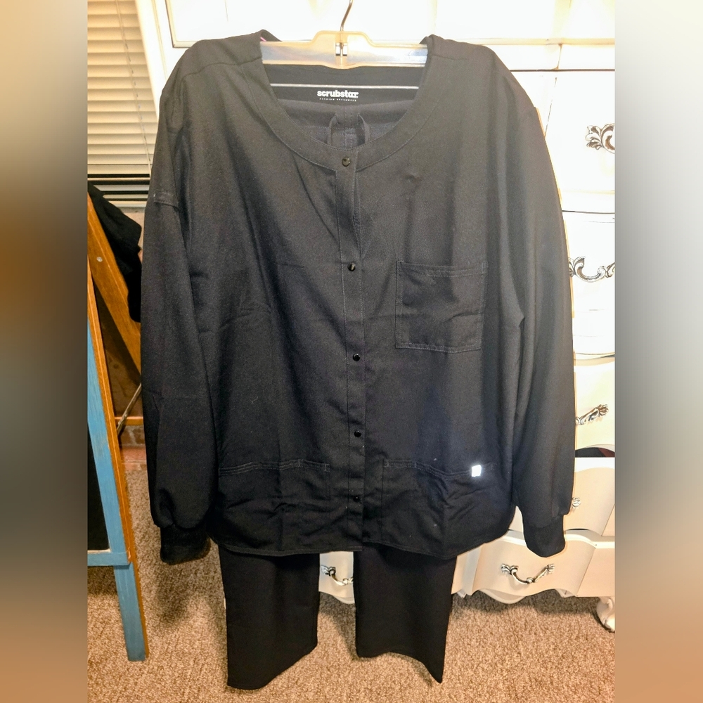 4 piece Scrubstar Classic Black  Scrub Top, Pants, Coat & Cherokee Stretch Top.